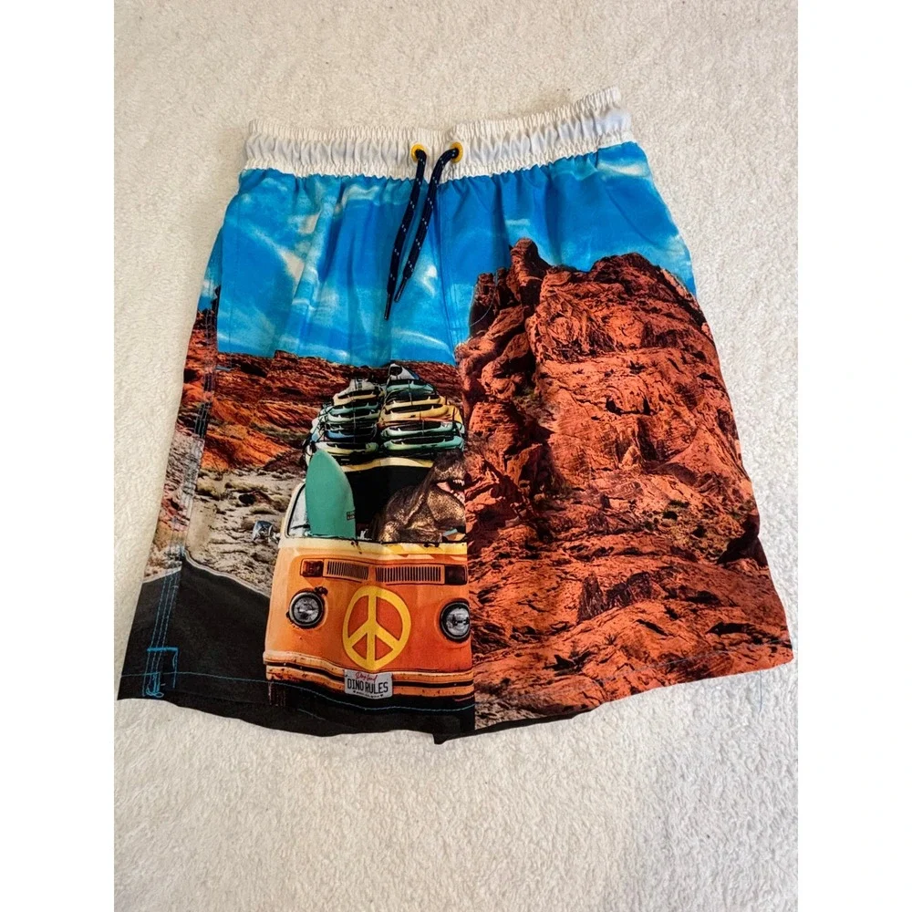Wonder Nation‎ Boys Dinosaur Desert Van Graphic Swim Trunks Blue Orange Size M 8